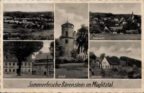 Ak Bärenstein Altenberg im Erzgebirge, Schloss, Gasthof, Bahnhof, Panorama