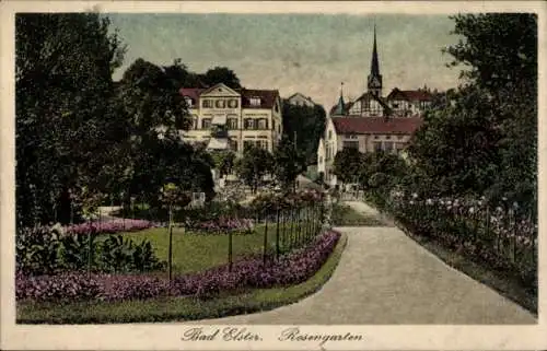 Ak Bad Elster im Vogtland, Rosengarten, Häuser, Grünanlagen, Bäume, Weg