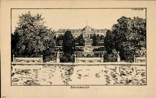 Künstler Ak Gensler, Potsdam, Schloss Sanssouci, Reklame Holzmacher's Parkettbohne