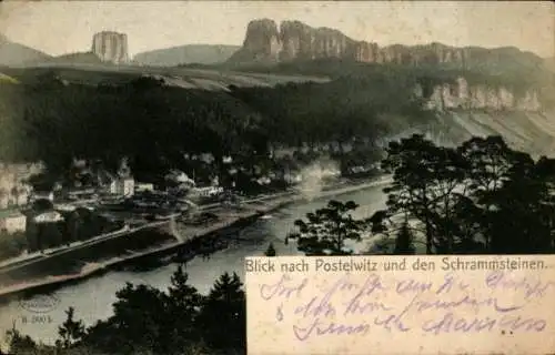 Ak Ostrau Bad Schandau Sächsische Schweiz, Schrammsteine, Aussicht über  Fluss, Berge, Wald