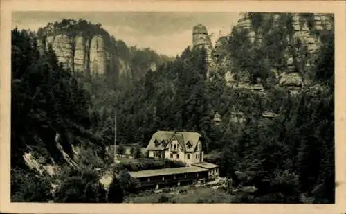 Ak Porschdorf Bad Schandau Sächsische Schweiz, Waltersdorfer Mühle, Gebäude in der Natur, Fels...