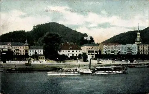 Ak Bad Schandau Sächsische Schweiz, Teilansicht, Dampfer