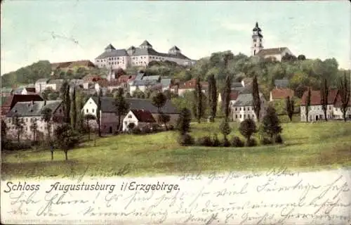 Ak Augustusburg im Erzgebirge, Schloss  Erzgebirge, grüne Wiesen, Häuser, Hügel, Kirche