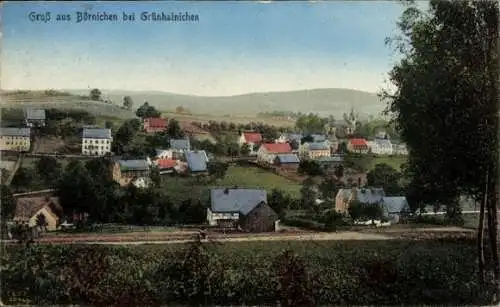 Ak Börnichen im Erzgebirge, Farbige Landschaft mit Häusern, Bäume im Vordergrund, Kirchenblick...