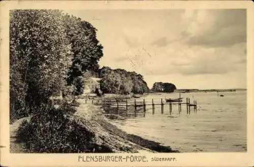 Ak Flensburg in Schleswig Holstein, Flensburg-Förde, Küstenlandschaft, Bäume, Gebäude, Wasser,...