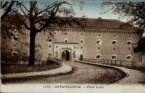Ak Germersheim am Rhein, Porte Louis, historisches Gebäude, Landschaft, handkolorierte Postkarte
