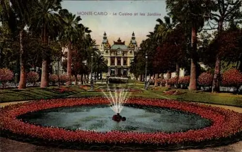 Ak Monte Carlo Monaco, Casino in  Gartenanlagen, Brunnen, Palmen