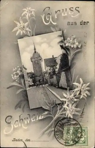 Passepartout Ak Baden Kanton Aargau Schweiz, Straßenansicht, Uhrenturm, Edelweiß