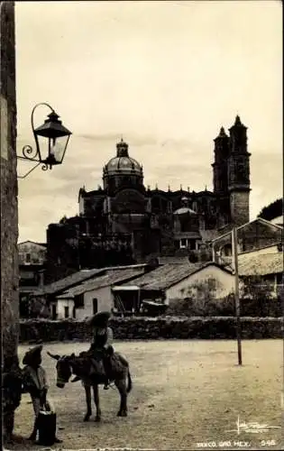 Ak Taxco Mexiko, Historische Stadtansicht, Kirche, Eselritt, Straßenlaterne