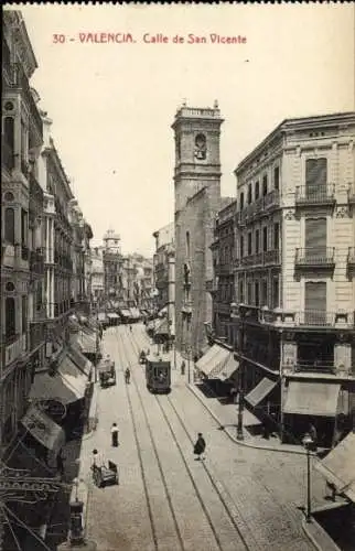 Ak Valencia Stadt Spanien, Strasse Calle de San Vicente,  Architektur, Straßenbahn, Menschen