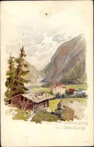 Ak Kandersteg Kanton Bern, Landschaftsmalerei, Berge, Fluss, Häuser, Bäume