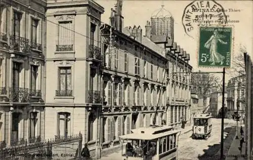 Ak Épinal Lothringen Vosges, Straße mit Gebäuden, Straßenbahn, Poststempel,  Architektur