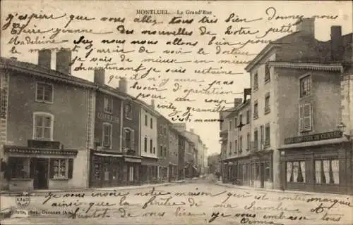 Ak Montluel Ain, Straßenszene, Geschäfte, Cafés, Brief von Madeleine, französische Landschaft
