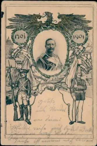 Glitzer Ak Kaiser Wilhelm II., Soldaten, Adler, 1701-1901