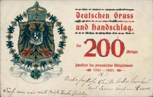 Ak Deutscher Gruß und Handschlag, 200 Jahre des preußischen Königshauses