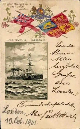 Ak Britisches Kriegsschiff H.M.S. Powerful, Fahnen, Wappen