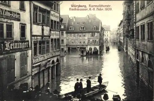 Ak Würzburg am Main Unterfranken, Hochwasser in  Karmelitterstraße,  Aufnahme, 1909