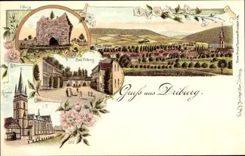 Litho Bad Driburg in Westfalen, Kirche, Burgruine, Totalansicht