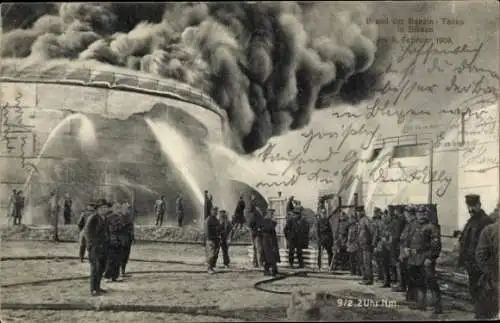 Ak Blexen Nordenham in Oldenburg, Brand der Benzin-Tanks, Feuerwehr