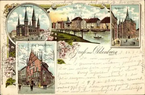 Litho Oldenburg im Großherzogtum Oldenburg, Lambertikirche, Am Stau, Rathaus, Graf Anton Günther