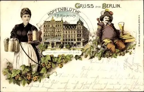 Ak Berlin Wilmersdorf, Zwei Personen, Stadtansicht, Hopfen, Bierkrüge, Dekoration