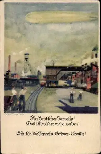Künstler Ak Amtsberg, Otto, Ein Deutscher Zeppelin, Eckener Spende, Luftschiff, Industrieanlagen