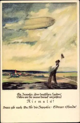 Künstler Ak Amtsberg, Otto, Zeppelin Eckener Spende, Ein Zeppelin über deutschen Landen