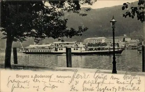 Ak Bregenz am Bodensee Vorarlberg, Hafen, Boot