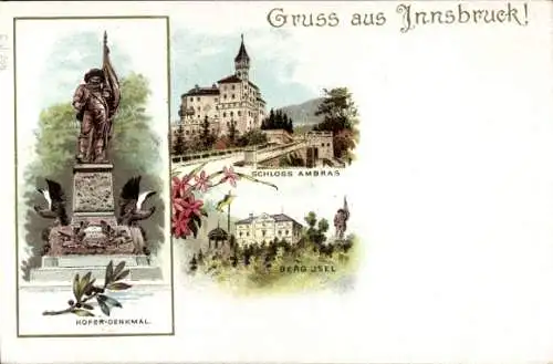 Litho Innsbruck in Tirol, Hofer Denkmal, Schloss Ambras, Berg Isel