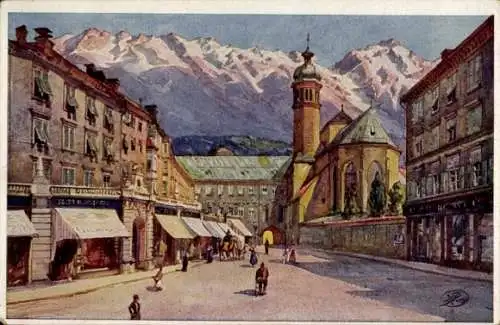 Künstler Ak Innsbruck Tirol, Partie am Burggraben, Alpen, Kirche