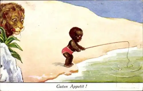 Künstler Ak Wills, John, Guten Appetit, afrikanischer Junge beim Angeln, hungriger Löwe