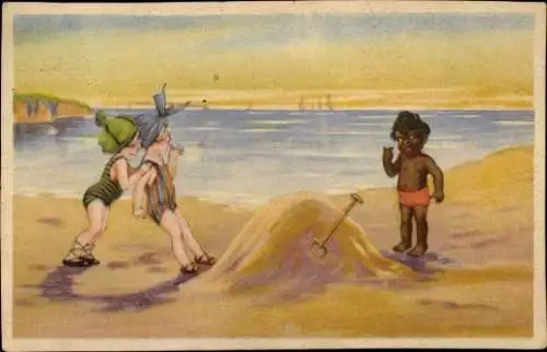 Ak Kinder am Strand, Mädchen, Junge mit Spaten, Strandleben