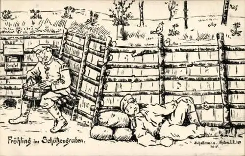 Künstler Ak Frühling im Schützengraben, Deutsche Soldaten, I. WK