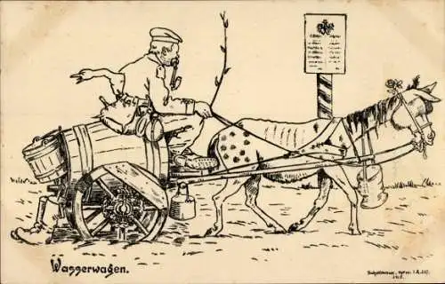 Künstler Ak Schellmann, Wasserwagen, Soldat, Pferdekarren, Gans, Fass