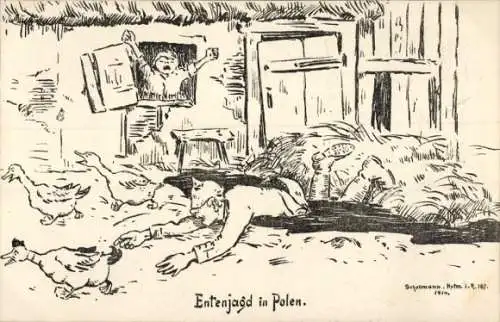 Künstler Ak Entenjagd in Polen, Deutscher Soldat, I. WK
