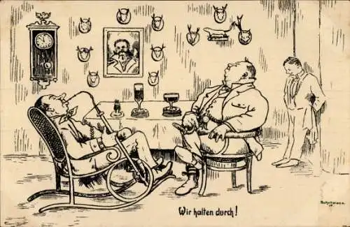 Künstler Ak Schellmann, Wir halten durch, Propaganda, Dicke Männer rauchen