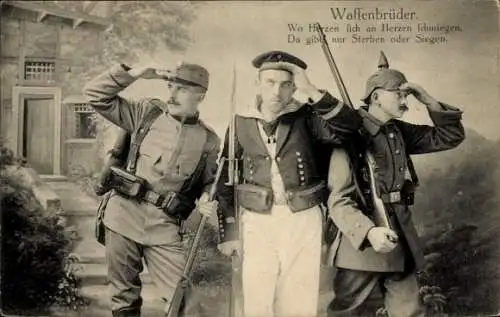 Ak Waffenbrüder, Wo Herzen sich an Herzen schmiegen, Soldaten in Uniformen
