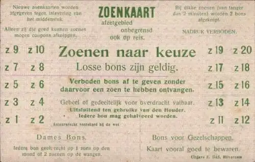 Ak Zoenkaart,, Zoenen naar keuze, Damens Bons, Bons voor Gezelschappen