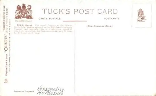 Künstler Ak Dampfer RMS Omrah, Orient Steam Navigation Company, Orient Line, Tuck 6229