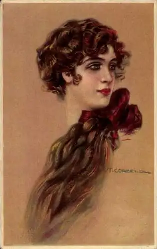 Künstler Ak Corbella, T., Frauenportrait, rote Schleife im Haar