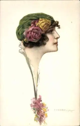 Künstler Ak Corbella, T., Portrait einer Frau mit Blumen im Haar