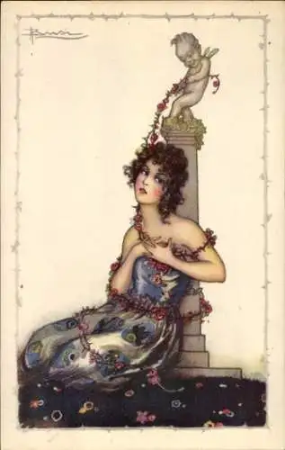 Künstler Ak Busi, Adolfo, junge Frau an Amor Säule, Rosenranke, 535 - 3