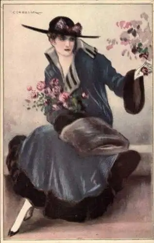 Künstler Ak Corbella, T., Frauenportrait, Pelzmantel, Hut, 203-3