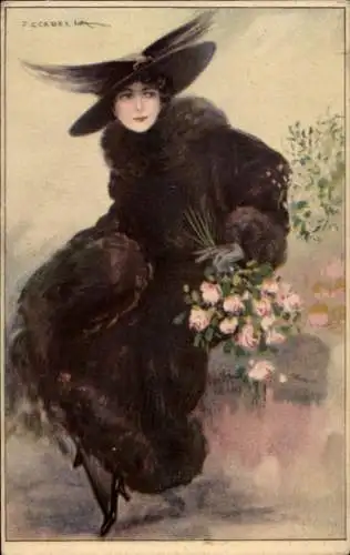 Künstler Ak Corbella, T., Frauenportrait, Pelzmantel, Hut, 203 - 2