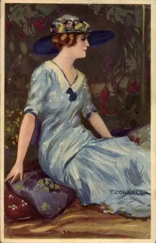 Künstler Ak Corbella, T., Junge Frau in modischem Kleid, Damenhut