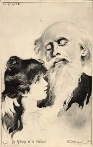 Künstler Ak Frau umarmt alten Mann