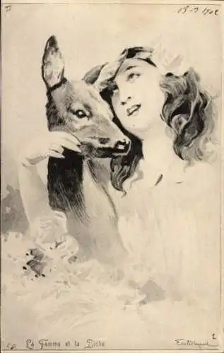Künstler Ak Die Frau mit Reh, Portrait