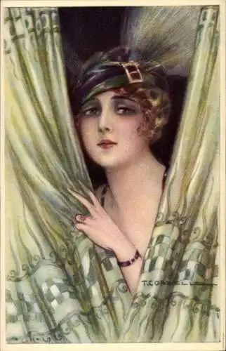 Künstler Ak Corbella, T., Dame am Vorgang, Portrait, Federhut