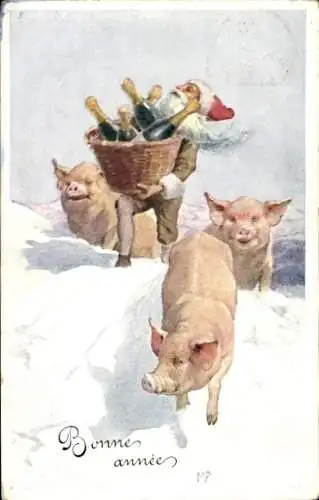 Künstler Ak Frohes Neujahr, Schweine, Zwerg mit Sektkorb
