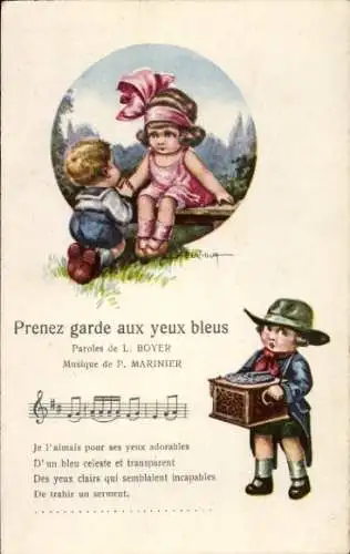 Künstler Ak Liebespaar, Prenez garde yeux bleus, Liedstrophe, Leierkasten